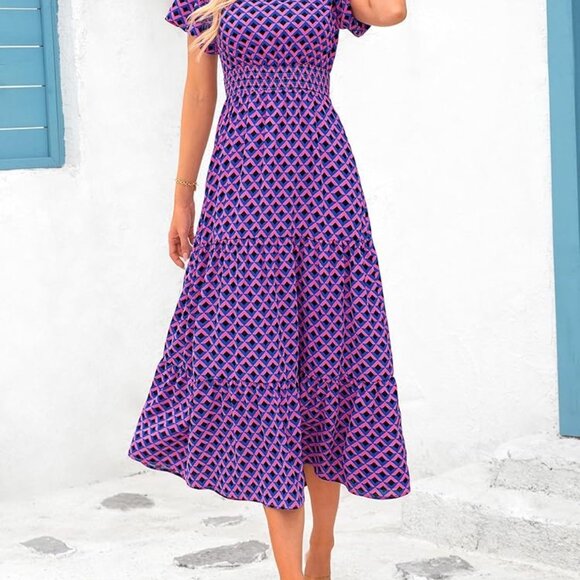 MASCOMODA Summer Maxi Dresses for Women 2025 Casual V Neck Puff Short Sleeve Smo - Picture 2 of 10